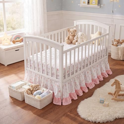 Image of Hahafelt Pink Crib Skirt for Baby Girls Boys, 100% Washed Cotton Bed Skirt