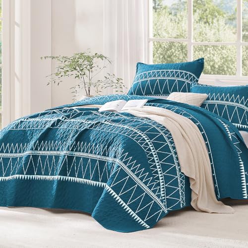 Image of Andency Teal Quilts Queen Size, 3 Pieces Queen Quilt Bedding Set Boho Lightweight Soft Striped Bedspread for All Season (90 inchx96 inch), Printed Bohemian Polyester Reversible Coverlet Comoforter Sets