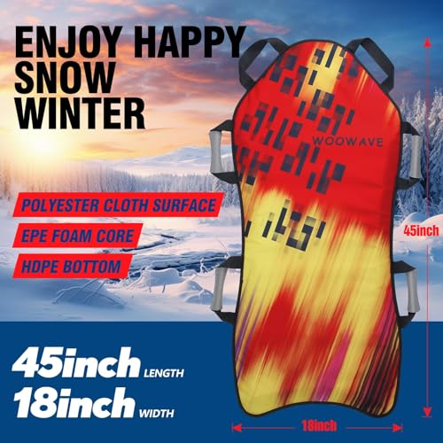 WOOWAVE 45\"×18\" Foldable Snow Sled,Fits 2 Children or 1 Adult,Ultra Portable, Strong and Durable, Sturdy Fabric Stitching, Handles with Steering,Kid\'s Winter Fun (Yellow-45 Foldable Extra Cushion)