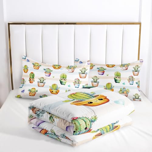 Image of AILONEN Cute Cactus Comforter Set Twin Size, Funny Cartoon Style Succulent Plant Bedding Set for Kids Girls,Mexican Nature Hipster Humor Print Bed in a Bag,1 Quilt Set 2 Pillowcases,3 PCS