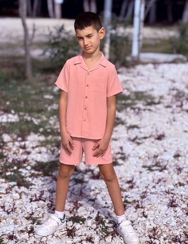 Image of Arshiner Boys 2 Pieces Summer Beach Outfits Short Sleeve Button Down Shirts and Shorts Vacation Texture Sets for Kids