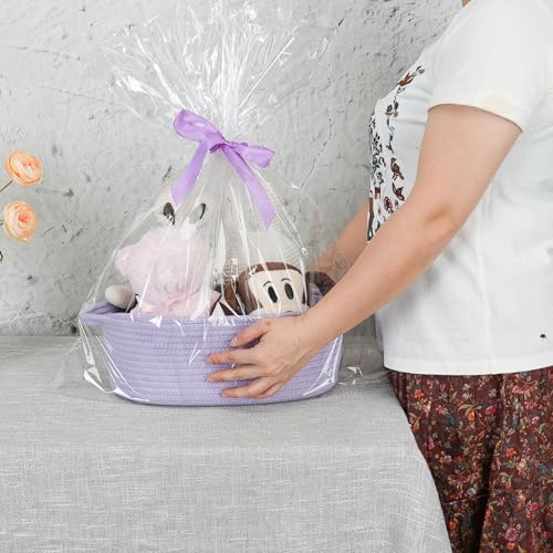 Image of Baby Gifts Basket Empty with Gifts Bag and Ribbon13 inchx10 inchx5 inch Cute Gifts Basket to Fill Easter Basket Birthday Basket Small Woven Cotton Rope Basket Baby Toy Baske(purple, large)