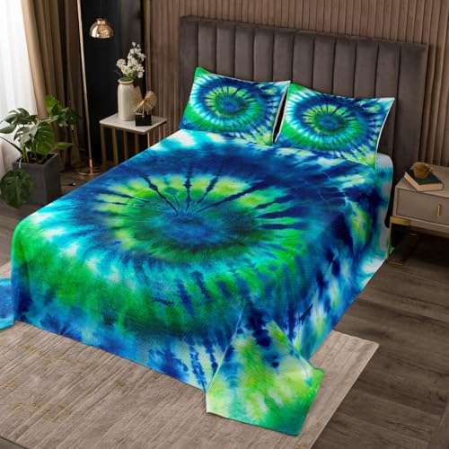 Castle Fairy Boho Hippie Bedspread,King Size,Psychedelic Geometric Stripes Colorful Tie-dye 3 Pieces,Kids Boys Girls Room Decorative Quilted Bedding Set with 2 Pillow Shams,Fluorescent Green