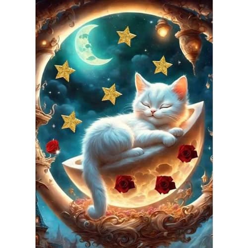 QENSPE 5D Diamond Painting Kit für Erwachsene, Katze Diamant Kunst Set Komplett, DIY Diamant Malerei Fantasie Set Anfänger Kristall Stickerei...