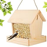 Wooden Wild Bird Feeder- Wood Solid Bird House Feeder with Roof and Plastic Side Panels (Easy to...