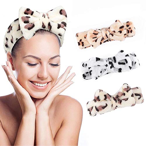 Avanlin Bow Headbands Leopard Hair Band Cute Elastic Hair Wraps Coral Fleece Hair Band Spa Wash Makeup Facial Stretch Headband Hair Accessories for Women and Girls (Pack of 3) (Set-2)