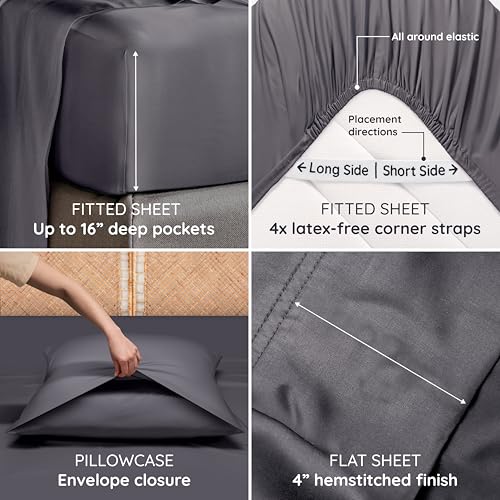 Image of Bambaw 100% Viscose Derived from Bamboo Sheets Queen Size Set - 4pcs Cooling Sheet Set, Super Soft Sheets Queen Size, Luxury Bed Sheets, Deep Pocket Fits Up to 16'' Mattresses (Charcoal)