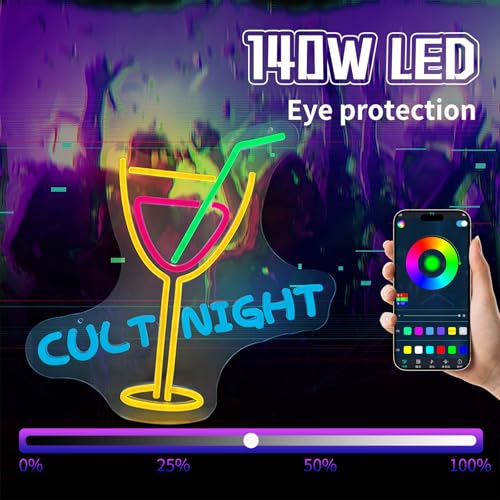 Image of Cult Night LED Neon Sign - 14.17x12.85 Inches, USB Powered, Dimmable with Remote Control, Perfect for Home Decor, Gaming Room, and Party Lighting