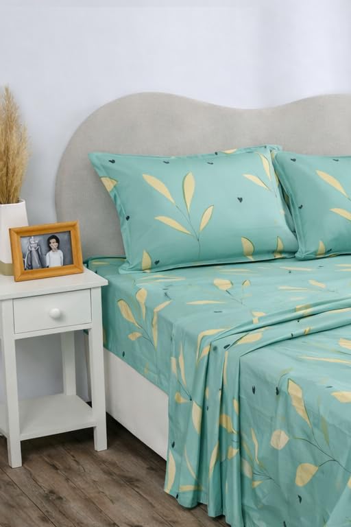 Image of BSB HOME Double Bedsheet 144 TC Microfiber with 2 Pillow Covers | Smooth, Lightweight & Quick-Dry Bed Sheet Set | Comfortable Bedding for Home, Guest Room & Daily Use - Seafoam Leaf