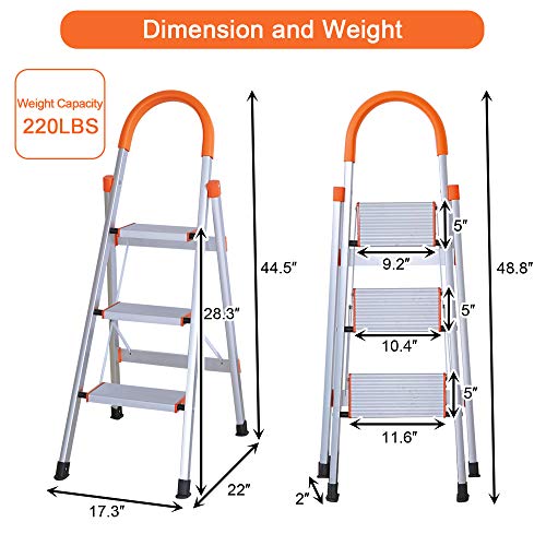 LUCKYERMORE Portable Step Ladder 3 Step for Adults, Sturdy Aluminum 3 Step Stool with Handgrip for Kitchen, 220lbs Capacity