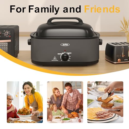 Sunvivi Electric Roaster Oven with Viewing Lid, 26-Quart Turkey Roaster, Defrost/Warm Function, Removable Pan & Rack, Stainless Steel, Grey