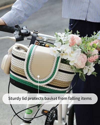 Handmade Bike Basket Front, Woven Bicycle Baskets for Adult Bikes, Rustic Detachable Handlebar Bike Basket for Women Girls with Leather Lid, Adjustable Leather Straps, Green