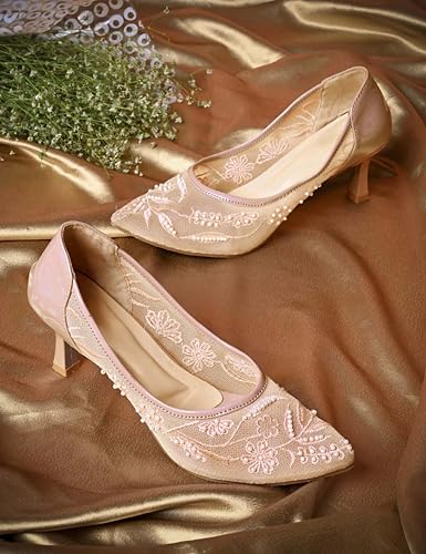 Image of TRYME Floral Embroidered Stiletto Heels for Women | Elegant Mesh High Heels with Stylish Feminine Design