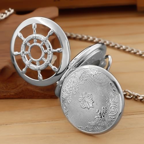 Image of Men's Mechanical Pocket Watch Black Rudder Pattern Double Open Hollow Roman Numerals Pocket Watch