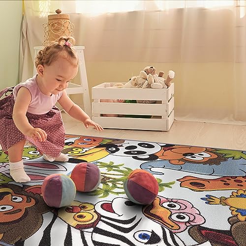 Machine Washable Educational Animal Design Non-Slip Rubberback 3X5 Kid's Area Rug For Playroom, Kid's Room, Bedroom, 2'7" X 5', Sky Blue #TOP2