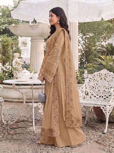 Image of RUDRAPRAYAG Women's Georgette Fabric Wih Embroidered Sequence Work And On Neck Moti Hand Work Semi Stitched Sharara Salwar Suit With Dupatta Set