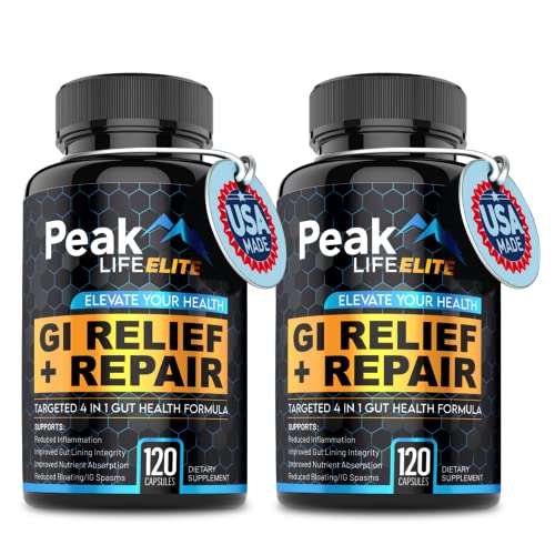 Peak Life Elite GI Relief & Repair Digestive Supplement - 4in1 Gut Restore Formula with Humic Acid, L Glutamine, Peppermint & Ginger - Daily Digestive Advantage Pills with Probiotic & Minerals, 2Pack