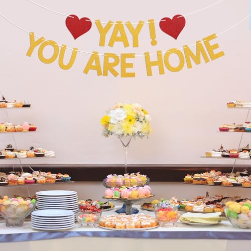 Image of Yay! You're Home! Banner - Welcome Back to Home Sign, Family Reunion Party Bunting Sign, Welcome Home Party Decorations Gold Glitter
