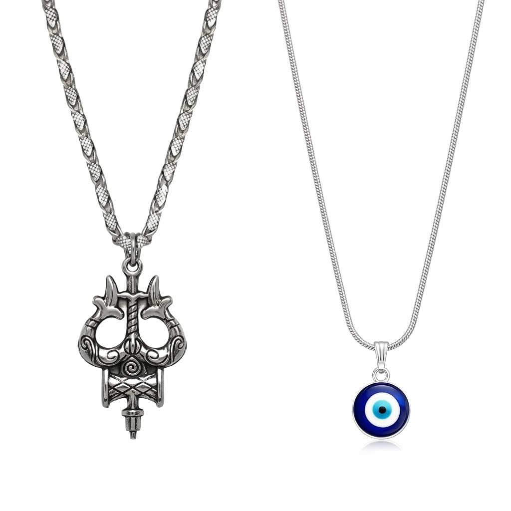 Mahadev Trishul Pendant Necklace for Boys Stainless Steel Shiv Trident Locket with Evil Eye Protection Chain Combo Religious Jewelry for Men Stylish Daily Wear Anti Tarnish Gift-image-9