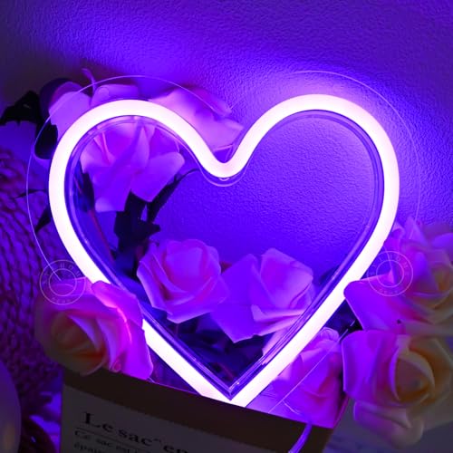 Image of SYLHOME Purple Heart Led Neon Light Sign Battery Operated or USB Powered Bedroom Wedding Wall Sign Decor Valentines Day Christmas Birthday Gifts USB 7.87 inch X 7.28 inch