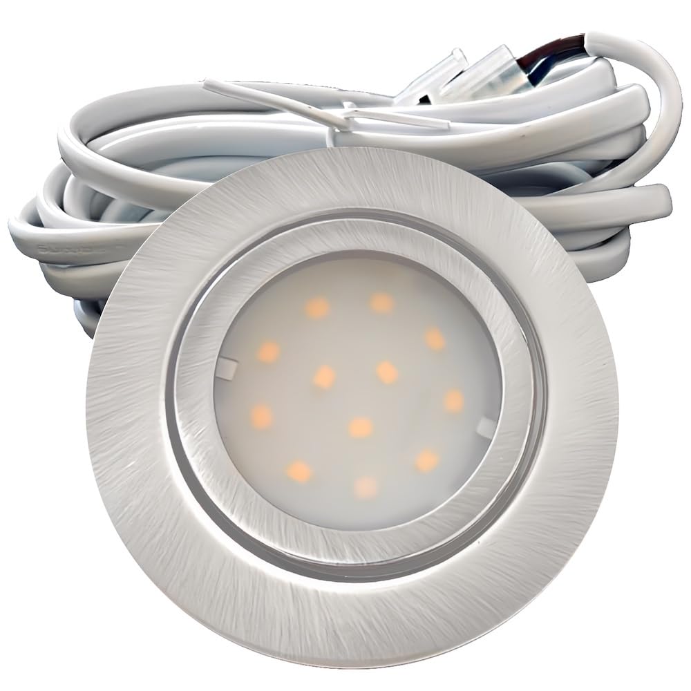 7er Set LED Möbel Einbauspots 12V IP44 – 2W, 160lm – Edelstahl gebürstet Finish – extra flach, 22mm Tiefe – 54 bis 60mm Bohrloch – 3000K Warmweiß – 2m Kabel mit AMP Stecker – für Küche, Bad, Schränke
