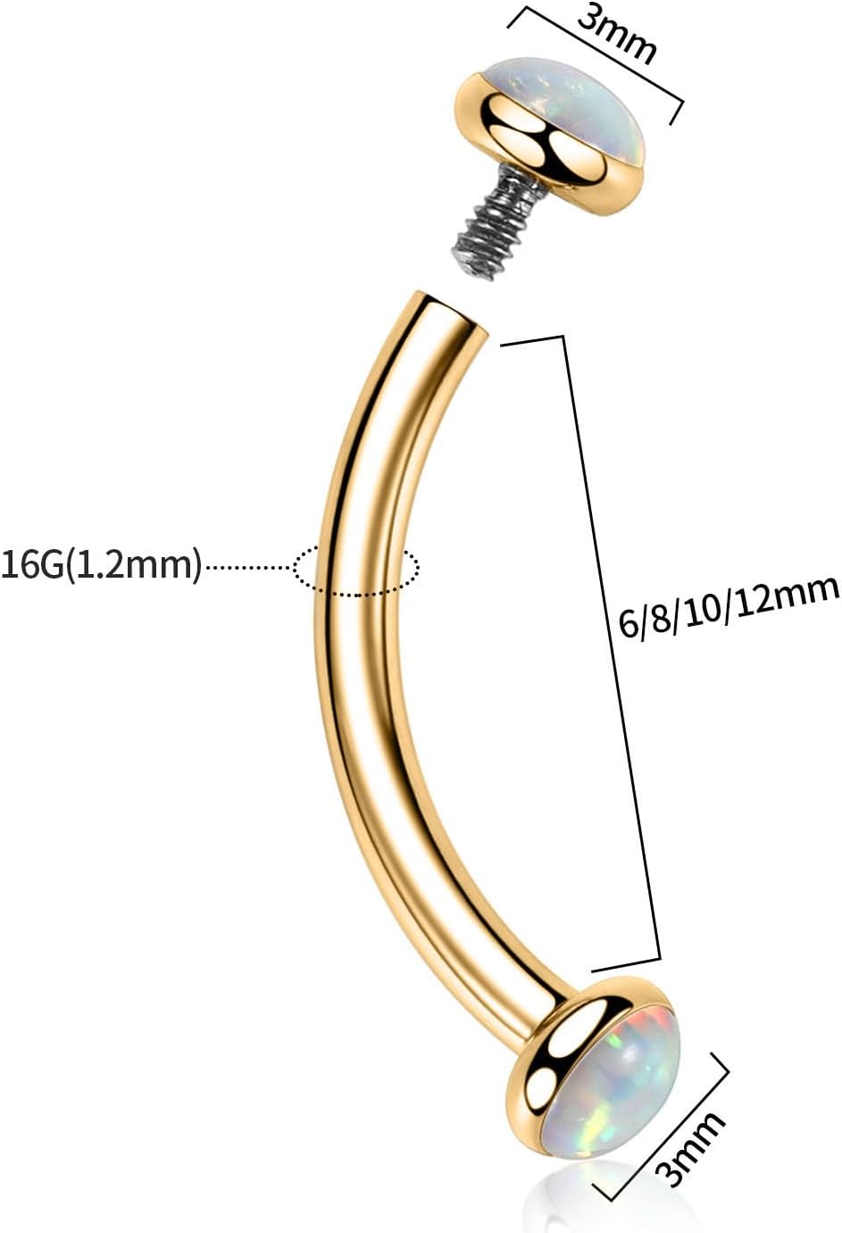 GAGABODY Titanium Eyebrow Jewelry - Curved Barbell & Labret Stud, 16g - Belly Button Ring & Cartilage Earring - Opal Bridge Jewelry