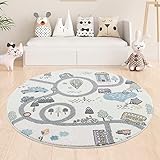 payé Teppich Kinderzimmer - Creme - 120x120cm - Straßenteppich - Pastellfarben Spielteppich Kinderteppich Babyzimmer Kurzflor Weich