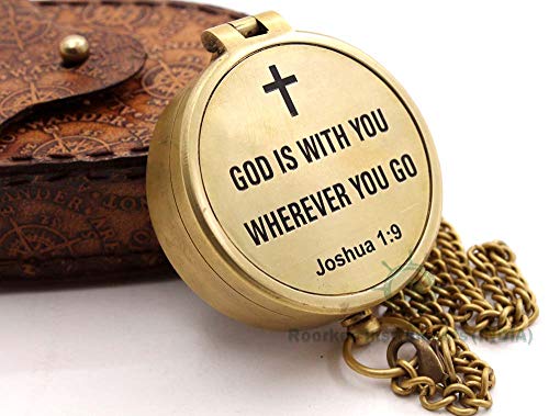 ROORKEE INSTRUMENTS (INDIA) A NAUTICAL REPRODUCTION HOUSE RII GOD is with You Wherever You GO Joshua 1:9 Engraved Compass, Confirmation Gift Ideas, Baptism Gifts