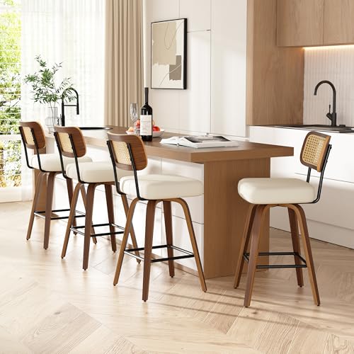 Image of Swivel Bar Stools Set of 4, 26 inch Upholstered Faux Leather Counter Height Barstools with Rattan Back & Bentwood Legs, Mid Century Modern Bar Chairs Island Stools for Kitchen Counter, Cream White
