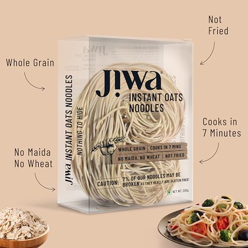 Image of Jiwa Instant Oats Noodles | Cooks in 7 minutes | Ready to Cook | 100% Gluten Free| No Maida, No Atta | Not Fried | Gluten Free | 200 g (Pack of 3)