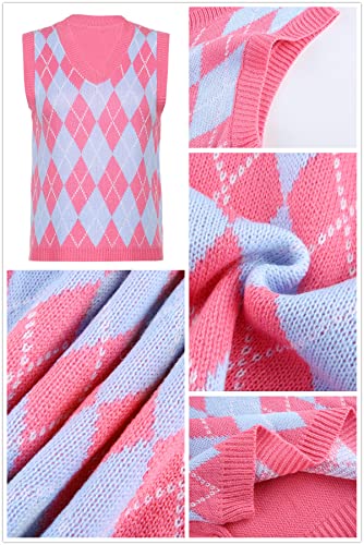 Lailezou Women's V Neck Knit Sweater Vest Argyle Plaid Preppy Style Sleeveless Crop Knitwear Tank4