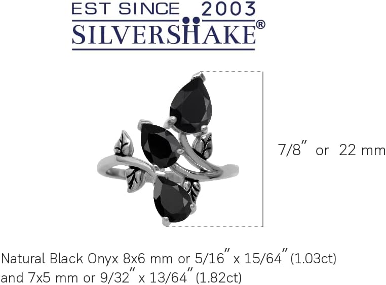 Silvershake 2.85 CTW 3 Stone Natural Black Onyx 925 Sterling Silver Bypass Leaf Vintage Inspired Gemstone Ring Jewelry for Women