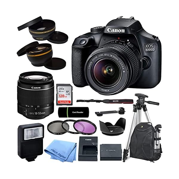 Canon EOS 4000D / Rebel T100 DSLR Camera with EF-S 18-55mm Zoom Lens + SanDisk 128GB Memory Card + Tripod + Case + Wideangle Lenses + Rtech Digital Cloth (20pc Bundle), Black (Renewed)