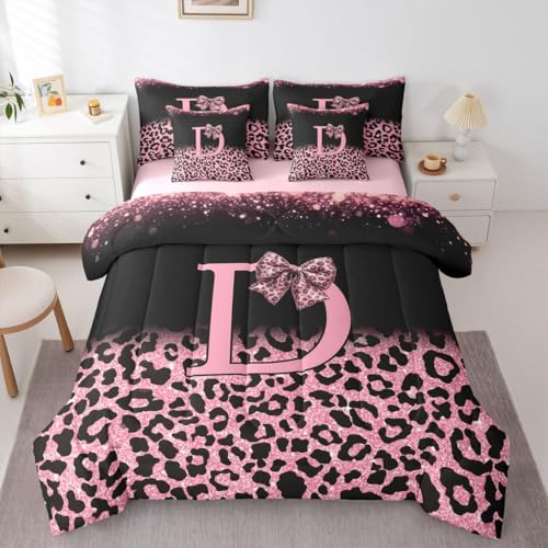 Image of Feelyou Bow Initial Letter D Comforter Set with Sheets 7 Piece Full Size Glitter Leopard Print Bedding Set for Kids Boys Girls Girly Bow Bed in a Bag Room Decor Soft Lightweight Microfiber