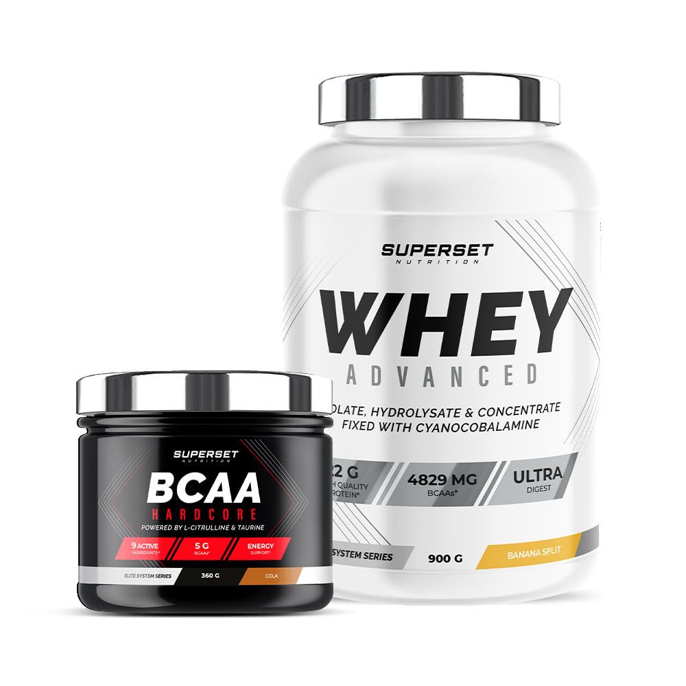 Superset Nutrition | Programme Galbe Musculaire - 100% Whey Proteine Advanced 900g Banana Split - Bcaa Hardcore Cola | Permet d'obtenir un physique galbé et tonique en 4 semaines.