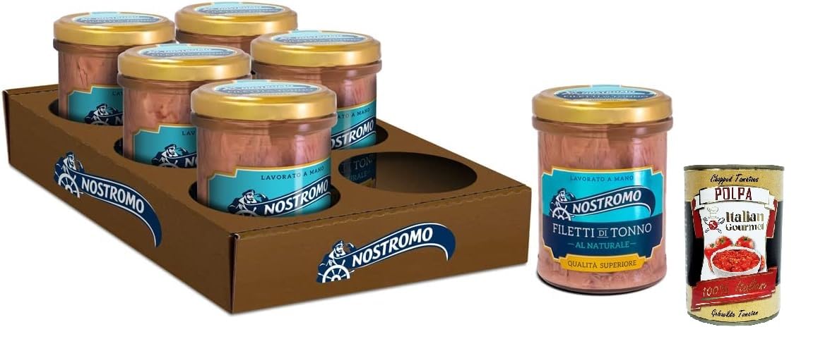 Nostromo - Filets de thon naturels - 6 bocaux de 180 g - Qualité supérieure - Fabriqué à la main - Source d'Omega 3 + Italian Gourmet polpa - 400 g