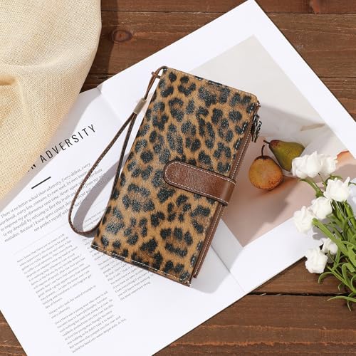 Image of GOIACII Large Wallet for Women Leather Wristlet Leopard Print | RFID Blocking, Multi-card Slots, Detachable Wrist Strap, Trifold Clutch Purse
