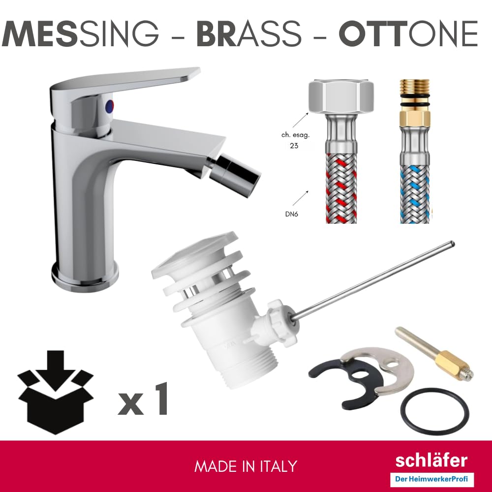 Schläfer 26505015 | Miscelatore Monocomando per Bidet Bagno serie Leonardo con Scarico automatico 1 1/4, Rubinetto Monoforo Cartuccia diam35mm Cromo Argento, Made in Italy