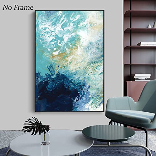 Turquoise And Gold Wall Decor Blue Gold Abstract Painting Modern Wall Art Canvas Water Flow Teal Blue Yellow Canvas Wall Art Modren Abstract Blue Ocean Wave Picture Living Room Decor16X24Inch No Frame #TOP6
