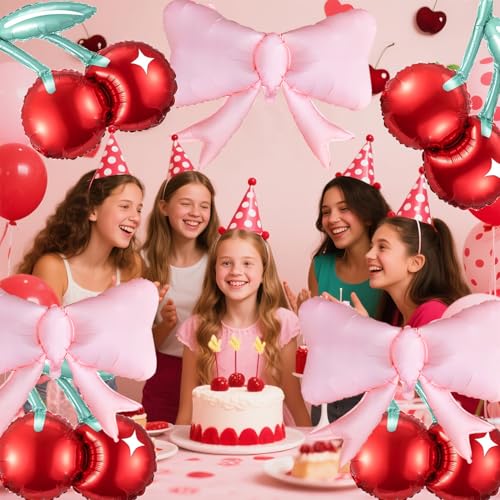 Image of Cherry and Pink Bow Balloons She is the Cherry On Top Party Decorations Cute Cherry Foil Balloons Red Fruit Mylar Balloons for Cherry Summer Themed Birthday Party Decoration Baby Shower