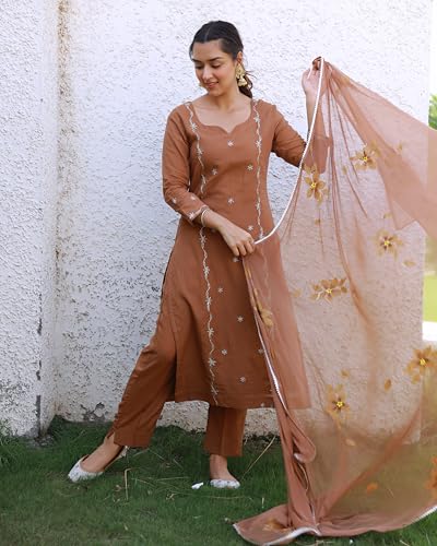 Image of GoSriKi Women's Cotton Embroidered Straight Kurta Set - Coffee Brown | Stylish Ethnic Wear for Women | Office & Festive Use