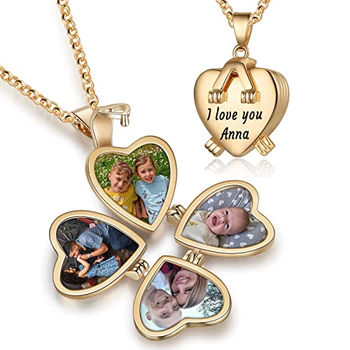 Nobelook Personalized Love Heart Locket Necklace That Holds 4 Photos Customizable Pendant Charms For Women Gold Plated Vintage Necklace For Mother Girls Christmas Birthday Gift Chain Length 31.49" Adjustable (Gold - Custom Text) #TOP2