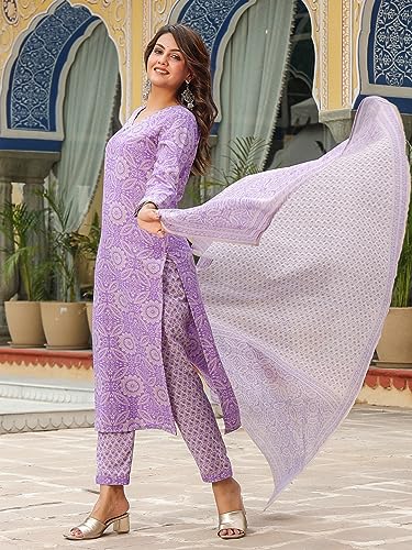 Image of GoSriKi Women's Cotton Blend Straight Printed Kurta with Pant & Dupatta