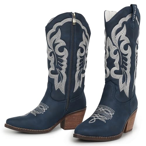 Women Cowboy Boots, Western Mid-Calf Point Toe Embroidered Side Zippe Boots Retro Fashion Women's Cowgirl Boot2