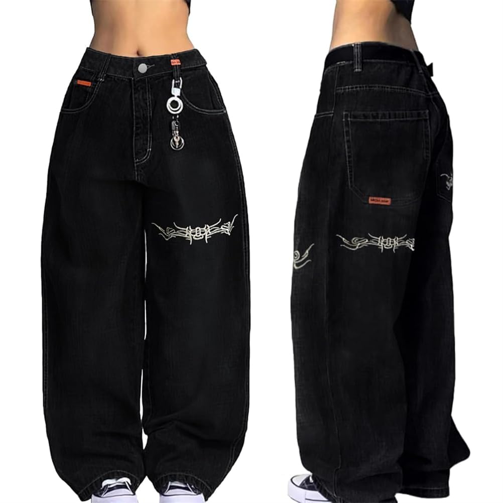 Jeans Donna A Gamba Larga Elasticizzati In Denim - Pantaloni Vintage Baggy Hip Hop, Stampa Colore, Casual Streetwear Anni 90 - 2