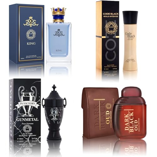 Cologne for Men Set (100ml x 4PCS Variety Pack Black Code Intense Gold,Dark Black OUD,King,Victory Gunmetal) Eau De Perfume Notes of Woody, Spicy, Citrus &amp; Aromatic Long Lasting Perfume for Men