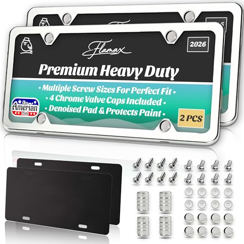 Premium Chrome License Plate Frames with 2 Anti-Scratch Pads & 4 Tire Valve Caps Heavy Duty Rust-Free Chrome License Plate Frame 2 Pack for Women & Men 2 Holes Universal Fit for Cars & Trucks