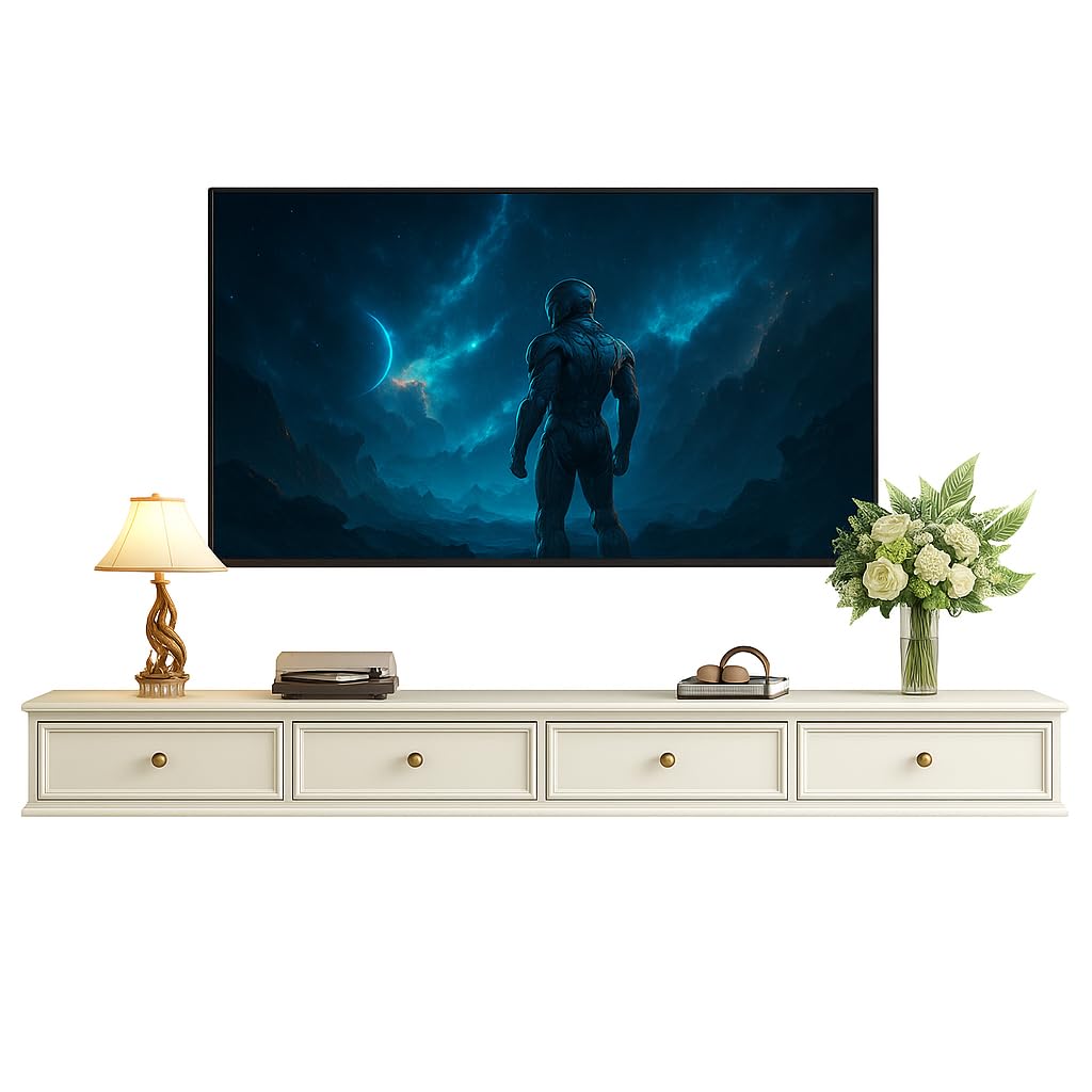 Weiß Hängendes TV Lowboard im amerikanischen Stil – 180–240 cm – Fernsehschrank mit 2 Schubladen & 2 offenen Fächern – für Wohnzimmer & Schlafzimmer geeignet (Weiß, 200CM)