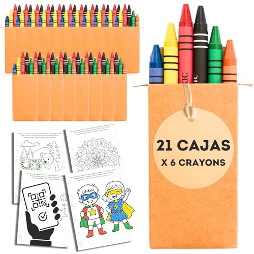 AF® - Pack 126 Pinturas para Niños, 21 Caja De Pinturas Para Niños, Regalo Ceras Colores Niños | 6 Colores Cera por pack, Detalles Alumnos Fin de Curso, 21 Caja con 6 Crayons