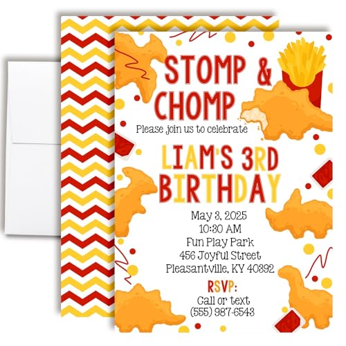 Custom Birthday Invitations Stomp & Chomp Dinosaur Chicken Nugget Birthday Invites for Kids Pack of 30 5x7 Custom Dino Nugget Invitation Cards With Thirty Envelopes - Unique Chicken Nugget Party Invites